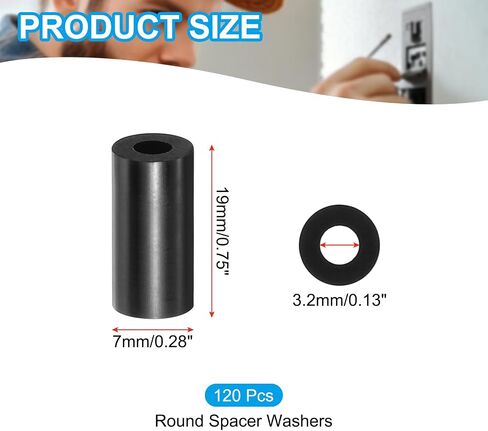 PATIKIL M3 Black ABS ID 3.2mm,OD 7mm,Length 19mm, Nylon Round Spacer Washers, 120Pcs Plastic Standoff Rubber Nut Unthreaded for M3 Screws Electrical Outlet Switch Receptacle in Saudi Arabia