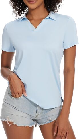 قمصان بولو جولف نسائية بأكمام قصيرة سريعة الجفاف بعامل حماية من أشعة الشمس 50+، قميص تنس برقبة على شكل حرف V in Kuwait