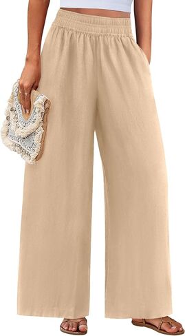 بنطلون نسائي واسع الساق من PRETTYGARDEN كاجوال 2025 بخصر مطاطي فضفاض سروال بالازو متدفق مع جيوب in Kuwait