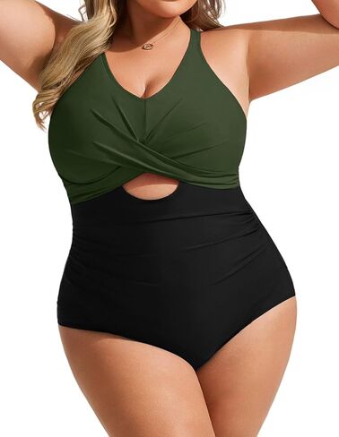 Hanna Nikole Womens Plus Size One Piece Swimsuits Tummy Control Cutout Twist Front Bathing Suits Swimming Tie Back Swimwear in Kuwait