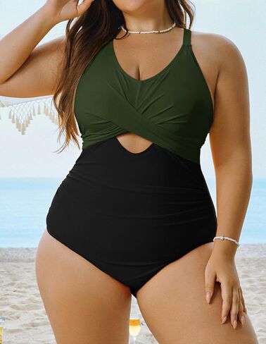 Hanna Nikole Womens Plus Size One Piece Swimsuits Tummy Control Cutout Twist Front Bathing Suits Swimming Tie Back Swimwear in Kuwait