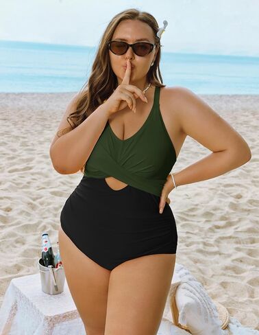 Hanna Nikole Womens Plus Size One Piece Swimsuits Tummy Control Cutout Twist Front Bathing Suits Swimming Tie Back Swimwear in Kuwait