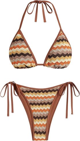 ZAFUL Women's Colorblock Stripes Triangle Halter Tied Cheeky Thong Bikini Set High Cut Two Piece Bathing Suit in Kuwait