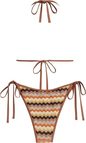 ZAFUL Women's Colorblock Stripes Triangle Halter Tied Cheeky Thong Bikini Set High Cut Two Piece Bathing Suit in Kuwait