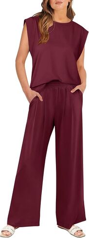 ANRABESS Women 2 Piece Summer Outfits Cap Sleeve Tank Top Wide Leg Palazzo Pants Lounge Set Travel Vacation Trendy Clothing in Kuwait