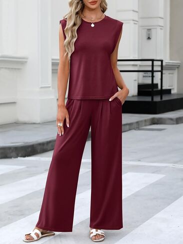ANRABESS Women 2 Piece Summer Outfits Cap Sleeve Tank Top Wide Leg Palazzo Pants Lounge Set Travel Vacation Trendy Clothing in Kuwait