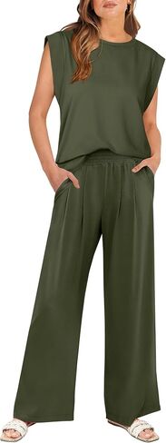 ANRABESS Women 2 Piece Summer Outfits Cap Sleeve Tank Top Wide Leg Palazzo Pants Lounge Set Travel Vacation Trendy Clothing in Kuwait