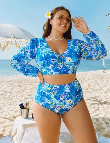 Hanna Nikole Women's Plus Size High Waist Bikini Set Tummy Control Swimsuits Long Sleeve Two Piece Swimsuit in Saudi Arabia