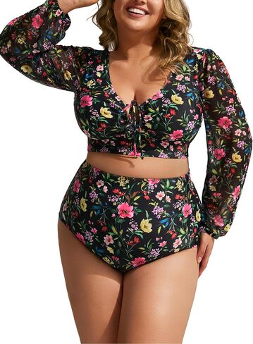 Hanna Nikole Women's Plus Size High Waist Bikini Set Tummy Control Swimsuits Long Sleeve Two Piece Swimsuit in Saudi Arabia