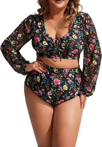 Hanna Nikole Women's Plus Size High Waist Bikini Set Tummy Control Swimsuits Long Sleeve Two Piece Swimsuit in Saudi Arabia