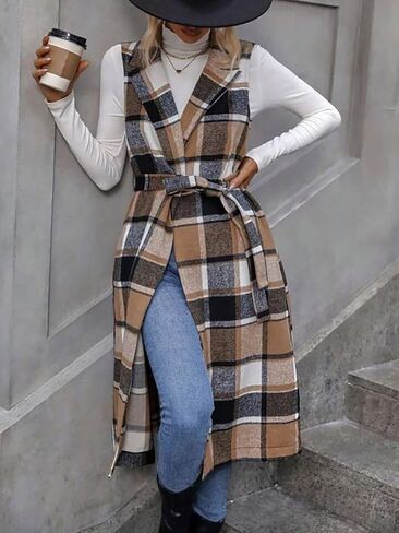 IDEALSANXUN Womens Long Plaid Vest Fall Winter Sleeveless Blazer Jackets Open Front Cardigan in Kuwait