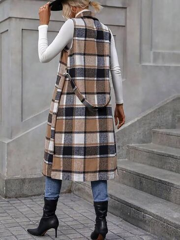 IDEALSANXUN Womens Long Plaid Vest Fall Winter Sleeveless Blazer Jackets Open Front Cardigan in Kuwait