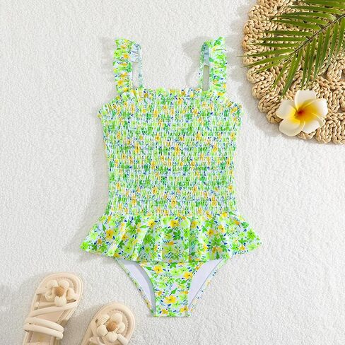 Girls One Piece Swimsuit Ruffles Bathing Suits Floral Ruched Swimwear 7-14 Years in Saudi Arabia