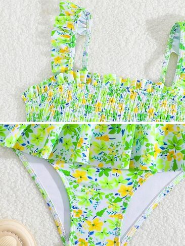 Girls One Piece Swimsuit Ruffles Bathing Suits Floral Ruched Swimwear 7-14 Years in Saudi Arabia