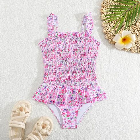 Girls One Piece Swimsuit Ruffles Bathing Suits Floral Ruched Swimwear 7-14 Years in Saudi Arabia
