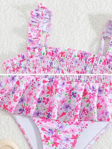 Girls One Piece Swimsuit Ruffles Bathing Suits Floral Ruched Swimwear 7-14 Years in Saudi Arabia