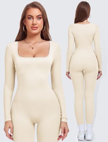 KIKIMINK Long Sleeve Workout Jumpsuit for Women Tummy Control Square Neck Ribbed Yoga Bodysuit Bodycon One Piece Romper in Saudi Arabia
