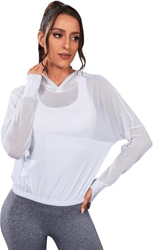 SweatyRocks Women's Activewear Long Sleeve Hooded Sweatshirt Sheer Mesh Running Workout Sports Sweatshirt Top in Saudi Arabia
