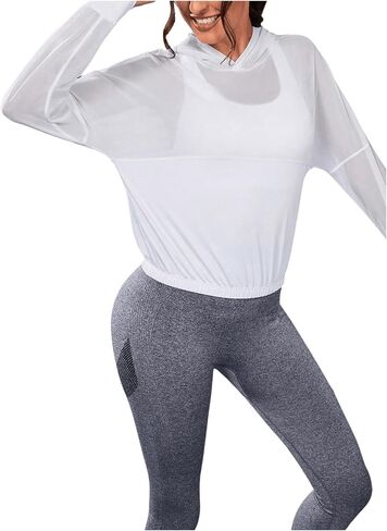 SweatyRocks Women's Activewear Long Sleeve Hooded Sweatshirt Sheer Mesh Running Workout Sports Sweatshirt Top in Saudi Arabia