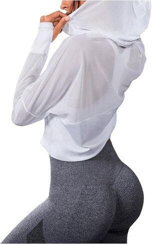 SweatyRocks Women's Activewear Long Sleeve Hooded Sweatshirt Sheer Mesh Running Workout Sports Sweatshirt Top in Saudi Arabia