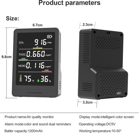 شاشة 5 في 1 جودة الهواء الداخلية ، مراقبة جودة الهواء ، CO2 ، CO2 ، TVOC ، HCHO ، رطوبة ودرجة الحرارة عداد الجسيمات ، للمنزل ، المكتب ، المدرسة ، الفندق ، السيارة ، الأسود in Saudi Arabia