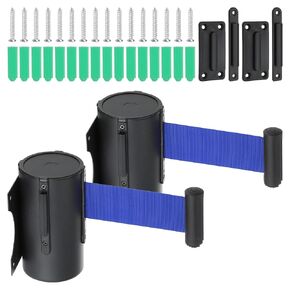 PATIKIL Fixed Wall Mount Retractable Belt Barrier, 2 Pcs 16.4 Feet Fixed Retractable Belt Barrier with Steel Case for Crowd Control Grocery Retail Store Stadium, Black/Dark Blue