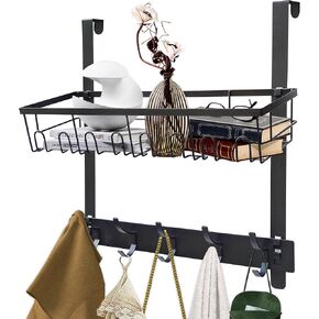 Over The Door Hooks Organizer, Behind Door Hanger Coat Rack with Basket and 5 Hooks, Back of Door Storage Organizer for Bathroom,Bedroom,Kitchen,Office(Black)