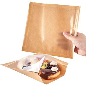 100PCS Translucent Plastic Bags with Window, 7.1x7.5 Inches Heat-Sealable Bakery Bags for Homemade Bread, Cookies and Pastries, Grease Resistant Kraft Paper Food Bags for Donut Bags, Sandwich (Brown)
