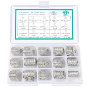 304 Stainless Steel Flat Washers,225Pcs 15 Different Sizes Fender Washers for Screws-M3 M4 M5 M6 M8 M10 M12 Suitable for Various Home, Factories, Outdoor Projects