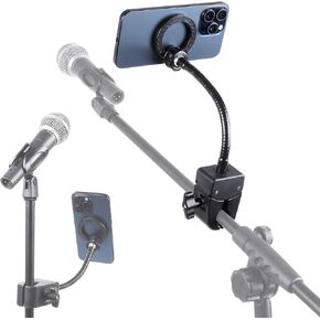 Mic Stand Magnetic Phone Holder for Magsafe, Adjustable Flexible Phone Holder Mount with Super Clamp for Microphone Music Stand, Compatible with iPhone 16 15 14 13 12 Pro Max Plus Mini Series