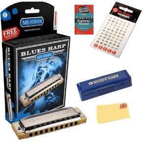 Hohner Harmonica 532 Blues Harp MS - Key of A Bundle with Key Stickers, Harmonica Beginner Manual, and Austin Bazaar Polishing Cloth
