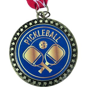 2-1/2 Inch Die-Cast Metal Pickle Ball Award Medal with Antique Gold Finish and Red White and Blue Neck Ribbon Trophy Medals Awards (Pack of 1)
