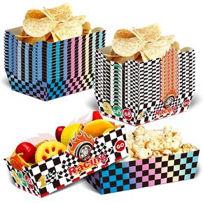 24Pcs Race Car Paper Trays Disposable Checkered Food Bowls Nacho Trays for Racing Cars Birthday Party Supplies Decor