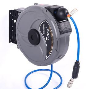 Retractable Air Hose Reel, 3/8 IN x 50 FT Hybrid Air Hose, Ceiling/Wall Mount Heavy Duty Double Arm Steel Reel
