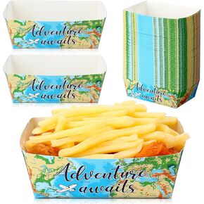 Junkin 50 Pcs Adventure Awaits Party Supplies Travel Party Food Trays World Map Paper Food Holder Travel Bon Voyage Party Supplies Paperboard Tray for Adventure Theme Party Decorations (World Map)