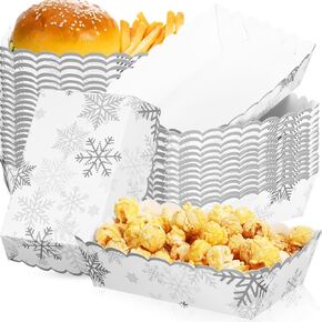 60 Pcs Snowflake Paper Food Trays Winter Movie Night Snack Trays Winter Snow Nacho Trays Paper Food Boats Disposable Serving Trays for Holiday Party Supplies Decor(Silver)