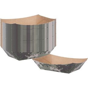 Restaurantware-Bio Tek 4 Ounce Paper Boats, 50 Disposable #25 Food Trays - PE Lining, Durable, Camouflage Print Paper Food Baskets, For Concession Stands, Picnics, or Fairs