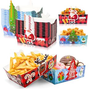 Christmas Paper Food Tray Disposable Paper Food Boat 24Pcs for Popcorn Candy Chips Hot Dog Snacks Tray Christmas Party Supplies