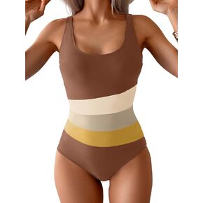 Women's One Piece Swimsuit Slimming Bathing Suit Color Block Scoop Neck Swim Suit
