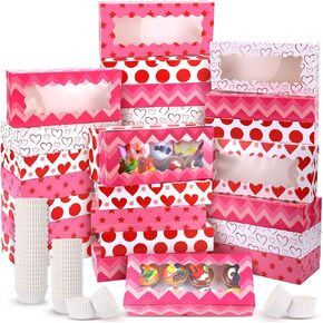 30 Pcs Valentine's Day Treat Boxes with Window 12 x 5.5 x 2.5 inch Cookies Boxes Bakery Container with 500 Cupcake Liner for Valentine Favors Weddings Candy Sweet Crafts Party Favor Supplies