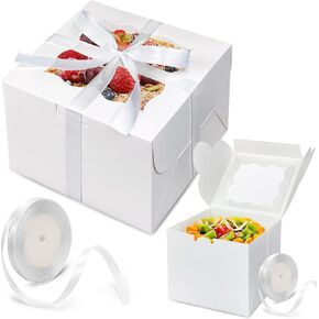 KEEPARTY 25PCS White Bakery Boxes with Window Bulk 6x6x5 Inches Cardboard Pastry Boxes for Cookies Macaroons Pies Gifts and Birthday Party Elegant White Design Pastry Boxes