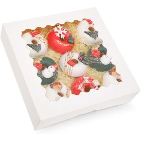 qiqee Auto-pop Up White Pastry Box With Window 8x8x2.5 Inch Donut Pie Boxes 30pcs Bakery Box