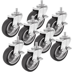 LANIAKEA 8PCS Caster Wheels 3 Inch Threaded Stem Casters with Brake 3/8" -10x 1 Heavy Duty Locking Swivel Casters Stem Casters for Shop Stool Cart Chairs, Gray