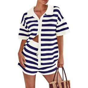 PRETTYGARDEN Women's 2 Piece Shorts Sets Casual Summer 2025 Short Sleeve Striped Sweater Set Matching Beach Vacation Outfit in Kuwait