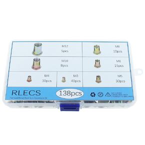 RLECS 138PCS M3 to M12 Zinc Plated Flat Head Post Rivet Nut Set Carbon Steel Rivet Nut Suitable for Furniture Air Conditioning Gas