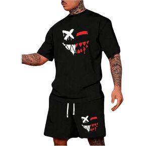 Men's 2 Piece Track Suit Set Short Sleeve Graphic Tees and Drawstring Pocket Track Shorts