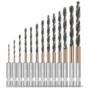 13pcs Hex Shank Drill Bit Set, Professional HSS Nitriding Twist Drill Bits, Upgrade Black and Gold Coated Drill Bit, Quick Change Design for Wood, Steel, Metal, and Plastic, 1/16IN to 1/4IN.