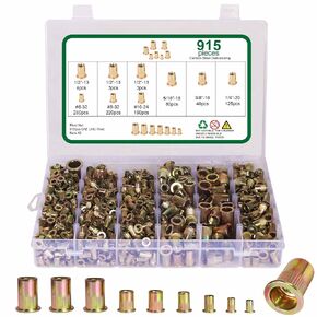 915 PCS Rivet Nut Kit, SAE Rivet Nut Assortment Kit, 6#-32, 8#-32, 10#-24, 1/4"-20, 5/16"-18, 3/8"-16, 1/2"-13, Carbon Steel Galvanizing Nut Inserts Rivnuts Nutserts Kit