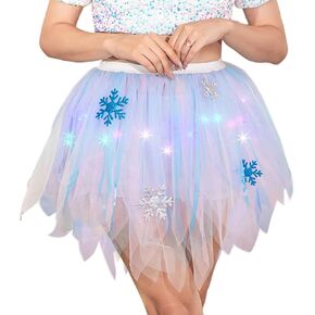 Sixexey Women’s Light Up Tutu Skirt LED Christmas Snowflake Tulle Skirts Xmas Party Prom Tutu Costume for Women White