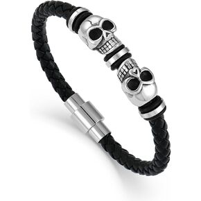 Mens Leather Skull Bracelet Multi-Layer Braided Skeleton Bracelet Punk Hip Hop Wristband Father's Day Birthday Jewelry Gifts for Men 8.5" Stainless Steel Buckle Bangle in Kuwait